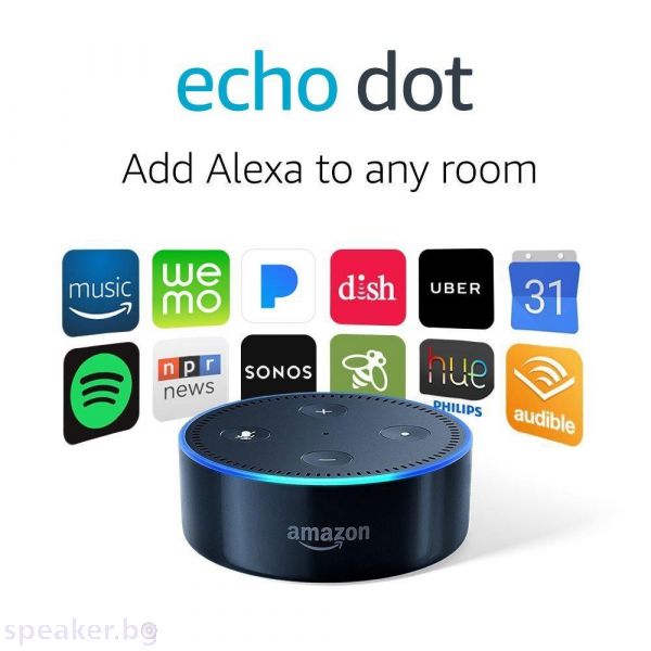 Преносима смарт тонколона Amazon Echo Dot 2, гласов асистент, Черен