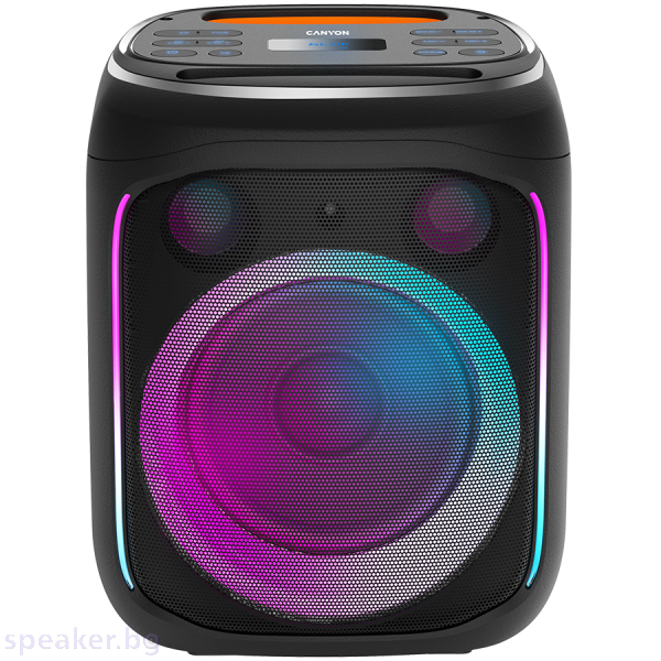 Bluetooth тонколони CANYON OnFun 5, Partybox speaker,Spec: speaker drivers: 6.5''+1.5'tweeter Power Output : 40W Lithium Battery : 7.4v 3600mAh Function : AUX+TF+MIC+BT+USB+DSP+EQ+ehco+. Color: Black body,orange handle.