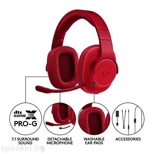 Геймърски слушалки Logitech, G433 7.1 DTS Headphone X, Микрофон, Червени