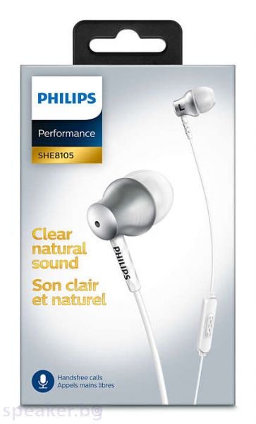 Слушалки Philips SHE8105SL с микрофон за поставяне в ушите, цвят: бял/сребрист