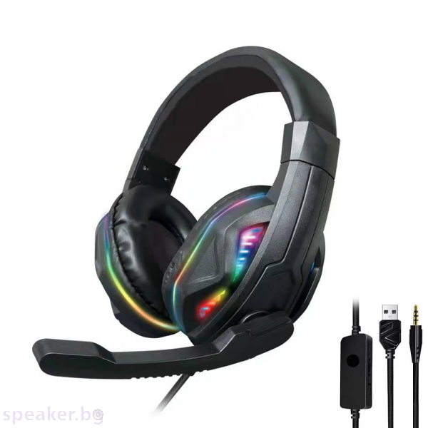 Слушалки Oakorn G4 LED, За компютър, Микрофон, Подсветка, 3.5mm, USB, Черен 